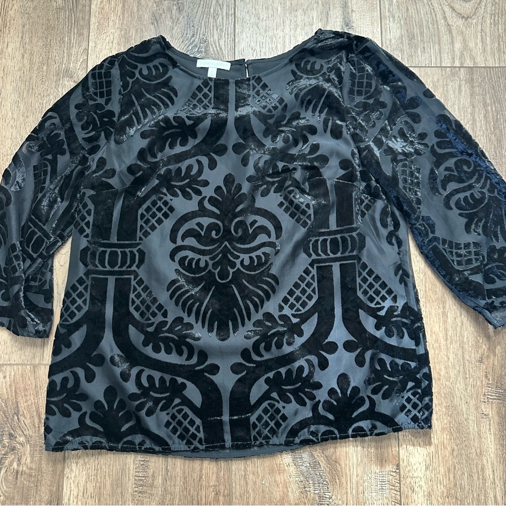 RSVP by Talbots Women’s Blouse, Black Sheer w/‎ Patterned Velvet, Lined, Medium